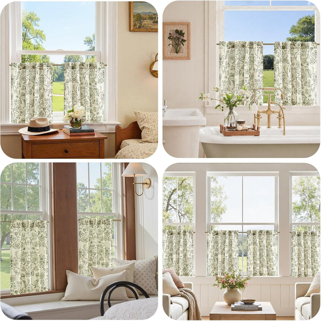 Small Window Curtains 36 Inch Linen Floral Curtain Set for Kitchen Bathroom Cafe Curtains Light Filtering Window