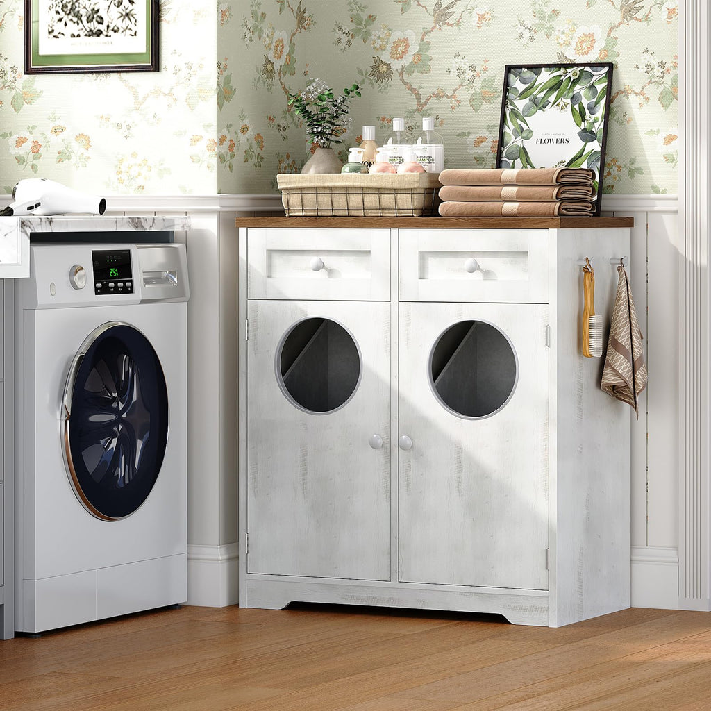 Double Laundry Hamper Cabinet, Hidden Laundry Cabinet with 2 Drawers & 2 Baskets, 20 Gallon Farmhouse Bathroom
