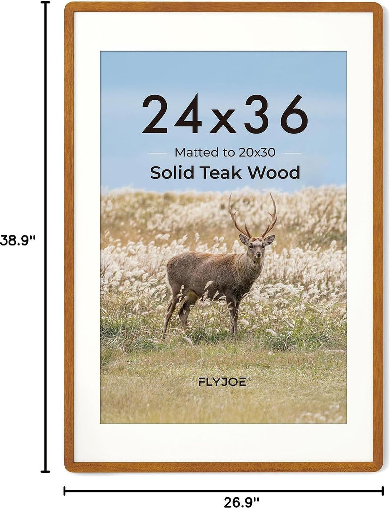 24x36 Poster Frame - Solid Teak Wood 24 x 36 Picture Frame, 24''x36'' Frame With Mat For 20x30, Tempered Glass and