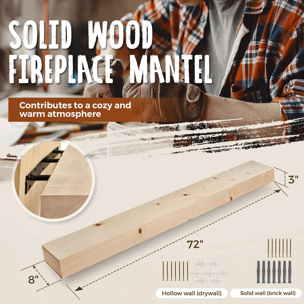 72x8x3in Solid Wood Fireplace Mantel, Unfinished DIY Color