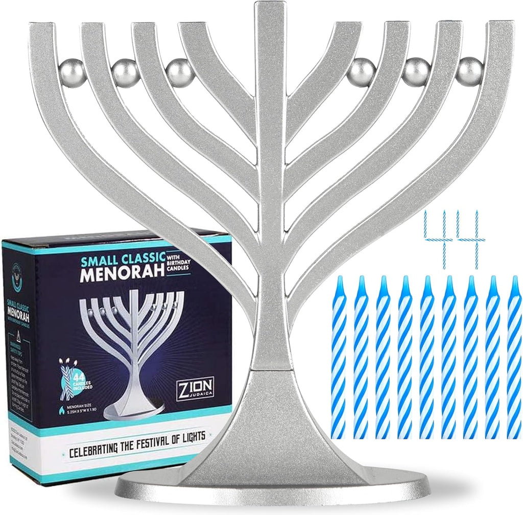 Zion Judaica Mini Classic with Mini Birthday Size Hanukkah Candles - Satin Silver Small Travel Minorah with 44 Blue
