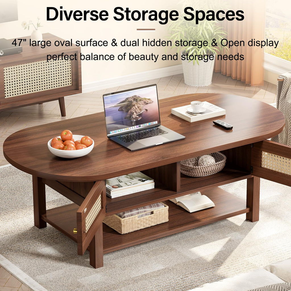 Oval Coffee Table, 47" Rattan Boho Wood Living Room Table with Storage