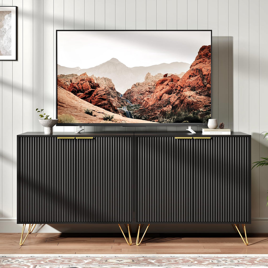Fluted TV Stand for 63 Inch TV with 2 Storage Cabinets, Black丨Modern TV Stand, Entertainment Center with Adjustable