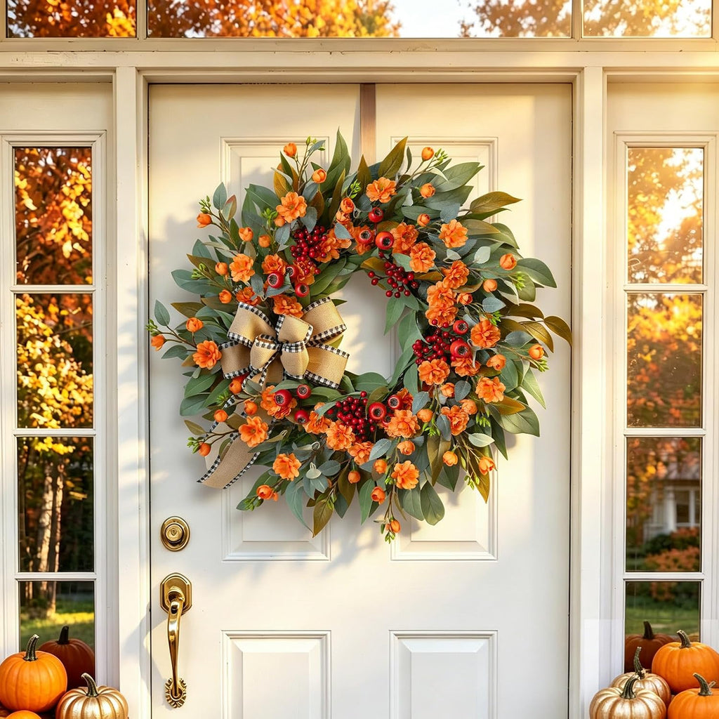 24 Inch Harvest Fall Wreaths for Front Door Outside with Bow & Red Berries