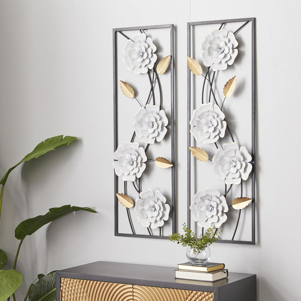 Metal Floral Home Wall Decor Dimensional Floating Wall Sculpture with Black and Gold Accents Wall Art 12"W - Set of 2