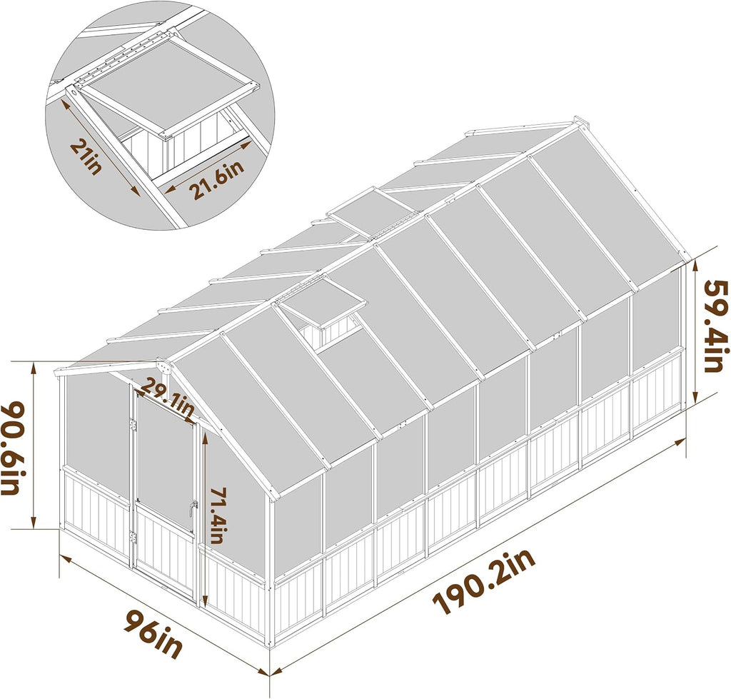 8x16 FT Greenhouse for Outdoor, 6MM Thick Polycarbonate Panel Wooden Walk-in Green House with Adjustable Roof Vents