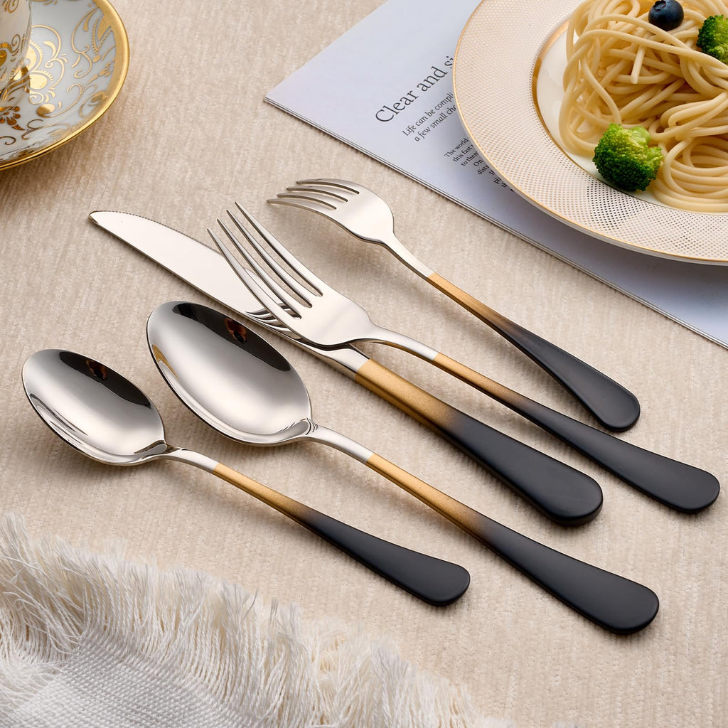 20-Piece Black Gold Silverware Set 18/0 Stainless Steel Silverware Set Black Gold Handle Cutlery Set Service for 4