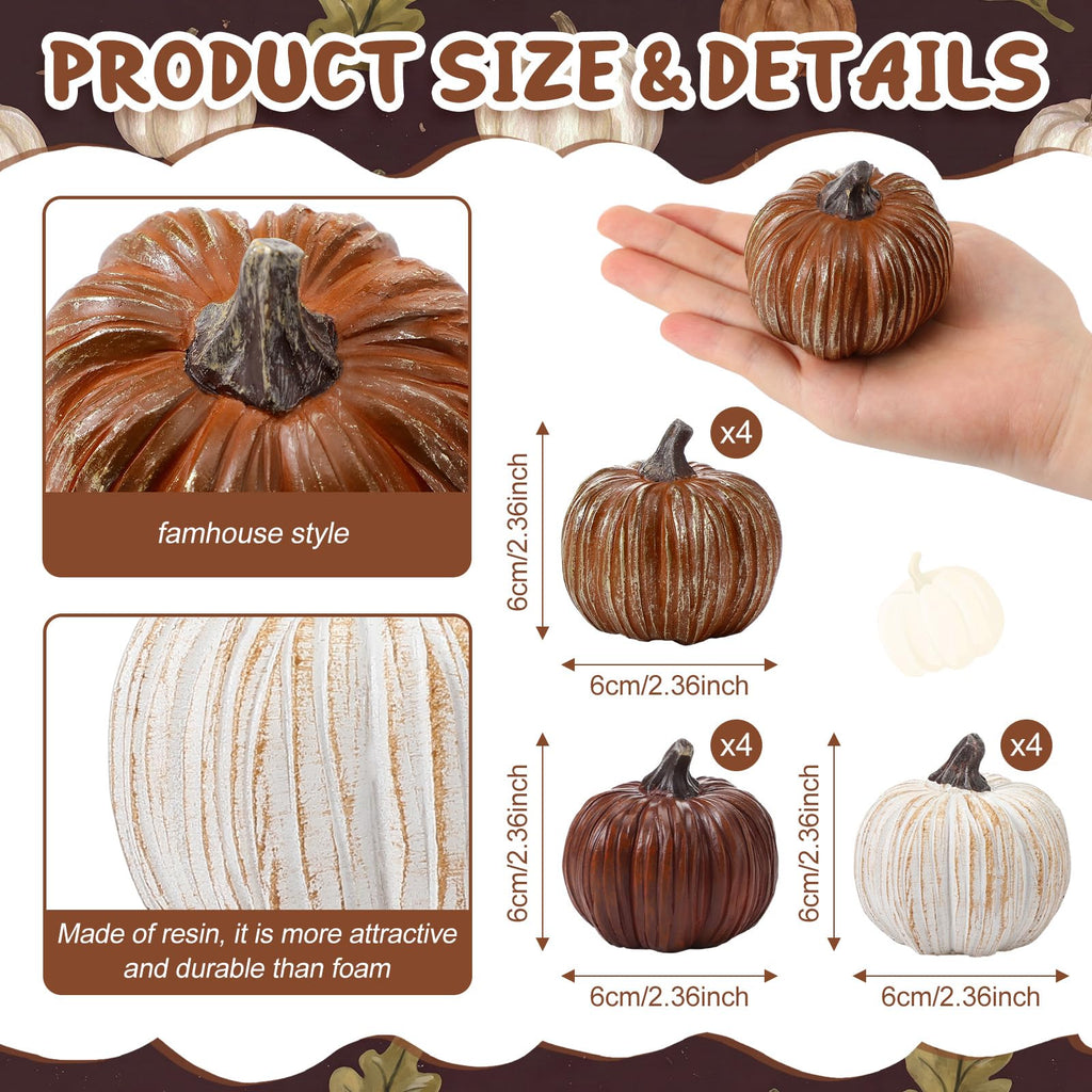 12 Pcs Brown Rustic Fall Pumpkin Decor Resin Pumpkins for Thanksgiving Decorations Farmhouse Decorative Pumpkins