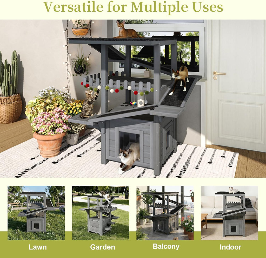 4-Tier Outdoor Cat House, Weatherproof Cat Tree Tower with Roof and 2 Doors