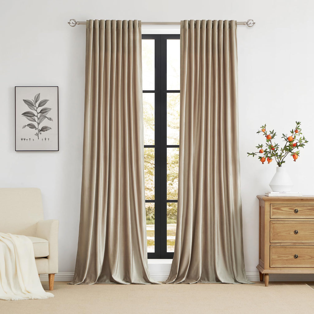 Full Blackout Champagne Beige Velvet Curtains 120 inch Long, Set of 2 Liner Rod Pocket Back Tab Thermal Window