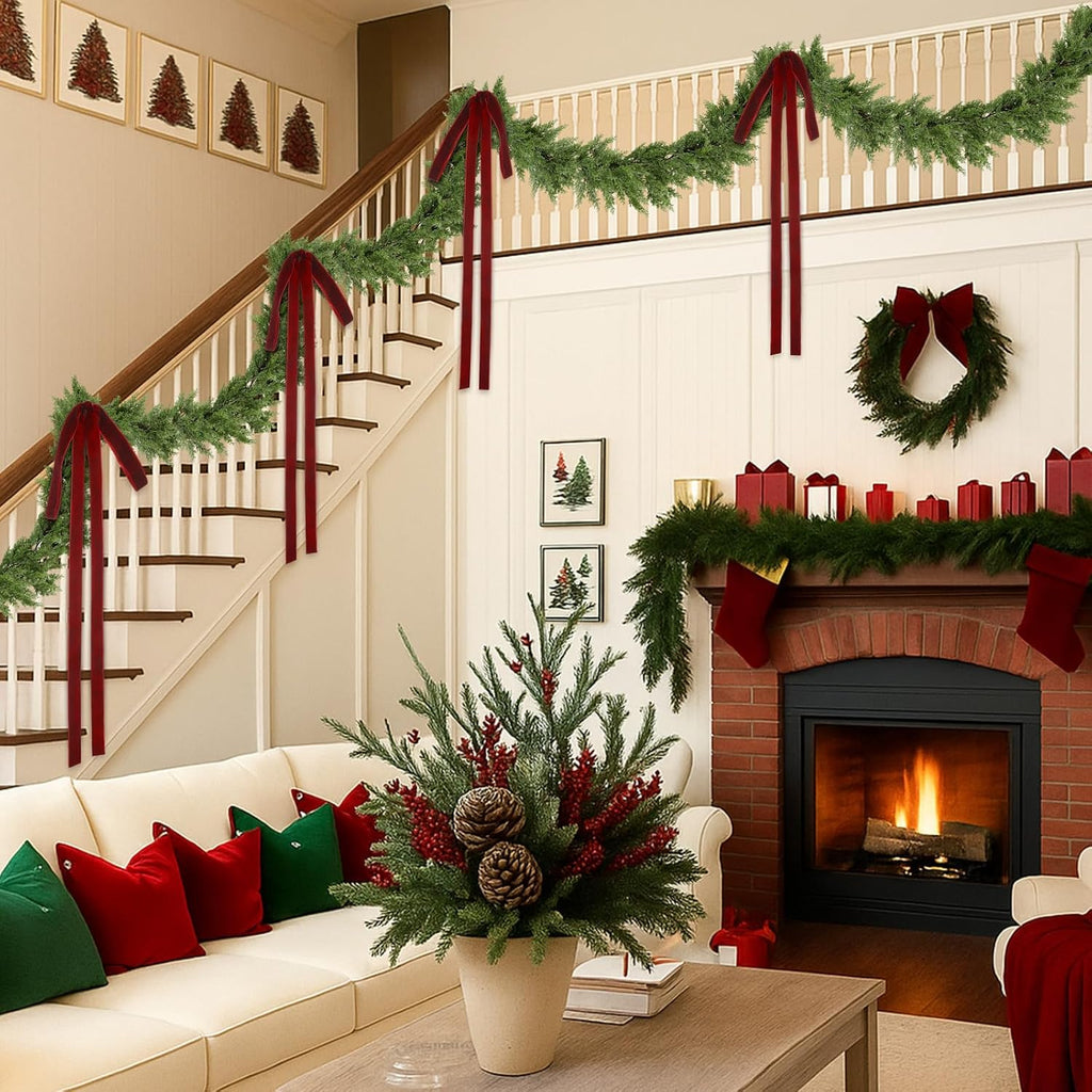 15ft Christmas Garland for Stair with 4 Velvet Bows, Cedar Pine