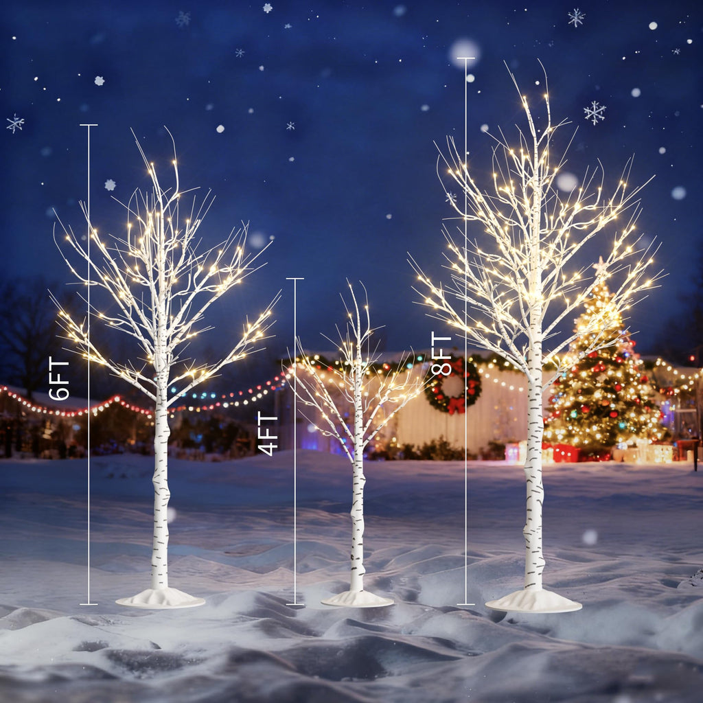 Lighted Birch Tree Set of 3, 464 LEDs Warm White Christmas Tree 4 FT 6 FT 8 FT with Timer, 8 Modes & 4 Brightness