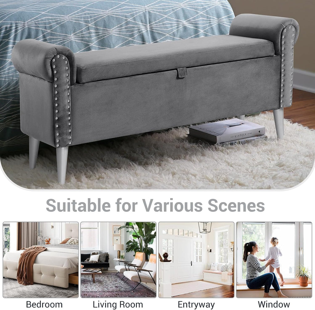 Storage Bench - Grey Velvet Bench with Storage 47" | Featuring Rolled Arms Decorative Nailhead Trim Safety Hinge