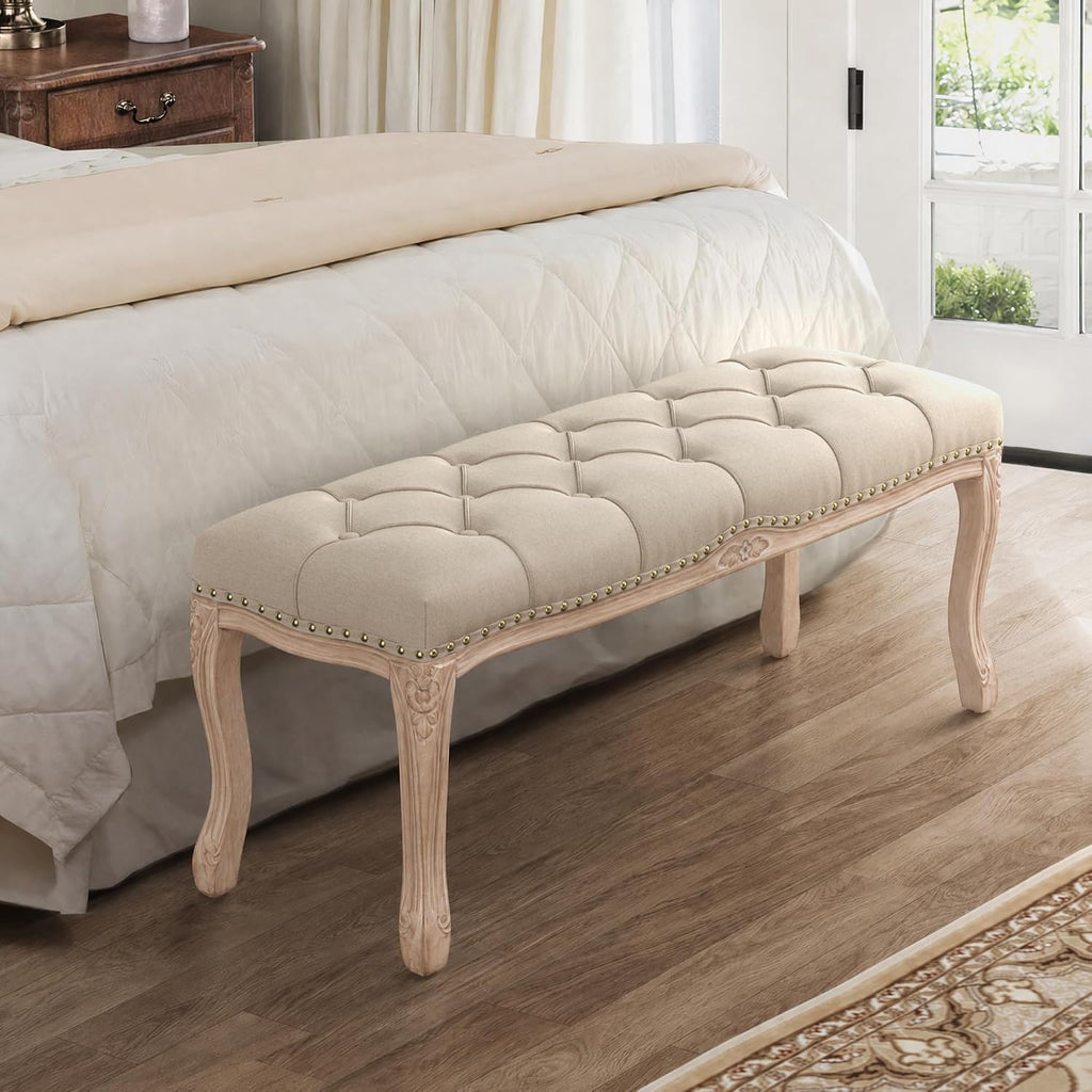 Bedroom Bench, French Vintage Tufted Entryway Bench, 45.2" Carving Upholstered End of Bed Bench with Distressed Wood