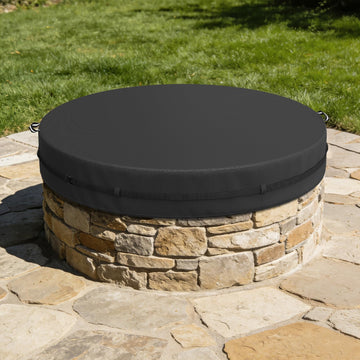 Outdoor Round Built in Stone Fire Pit Cover, Heavy Duty Waterproof Fire Pit Cover, with Adjustable Buckle Strap for