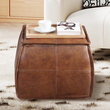 Genuine Leather Ottoman, Square Pouf Footstool (Square, Brown)
