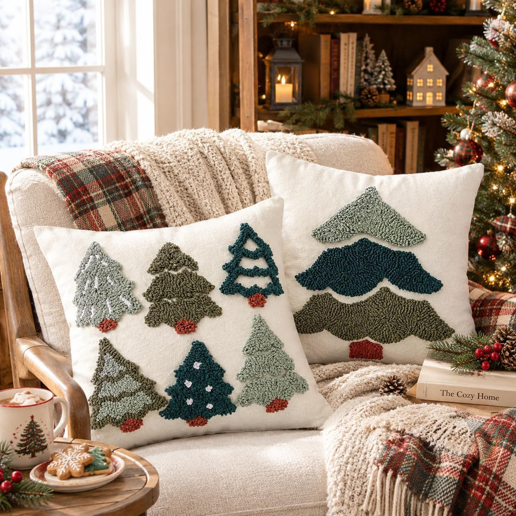 Christmas Tree Pillow Covers 18x18 Inch, Tufted Embroidery, 2 Pack