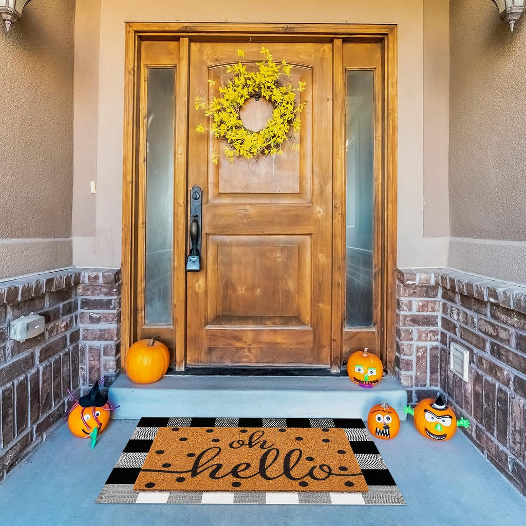 2 Pcs Front Door Mat Buffalo Outdoor Rug Oh Hello Doormat Decor Coir Mat Nonslip Porch Checkered Layered Front Door