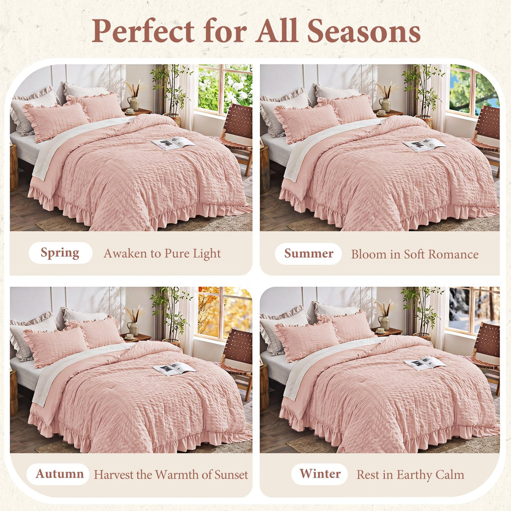 Comforter Set, 3 Pieces Rose Gold Seersucker Comforters, Lightweight & Fluffy Bedding Sets