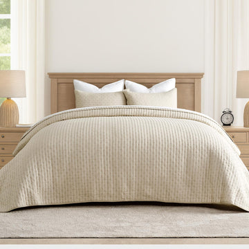 100% Cotton Cross Stitch 3-Piece Quilt Set, 118"x106", Flax Beige