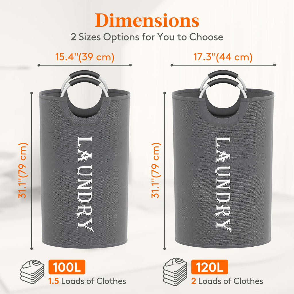 2 Pack 100L Laundry Basket with Aluminum Handles, Grey
