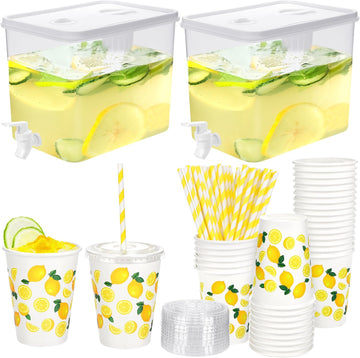 2.3 Gallon Lemonade Dispenser Plastic Drink Dispenser with Spigot 12 OZ Disposable Paper Cup with Lid - Set of 2