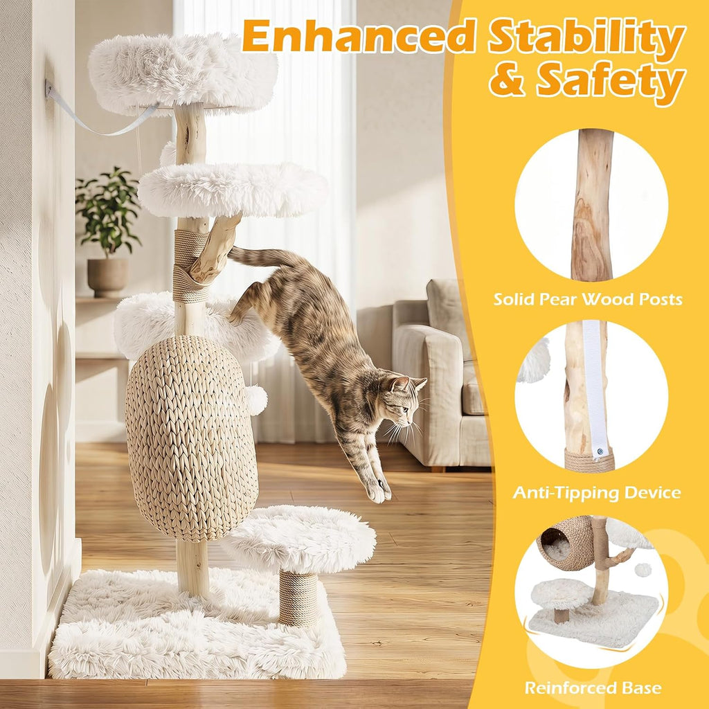 53-inch Wood Cat Tree, Multi-Level Modern Wooden Cat Tower, White