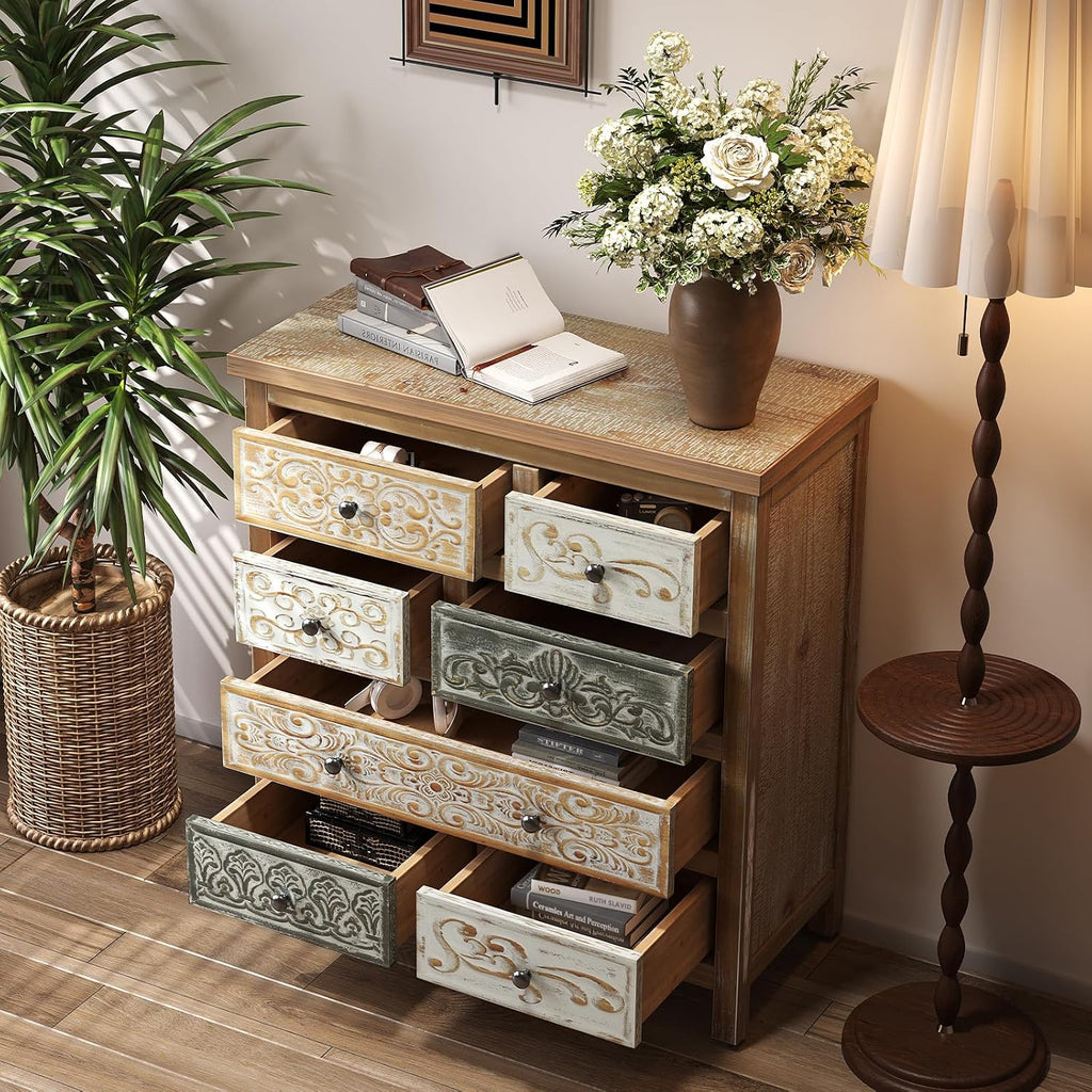 26" Vintage Freestanding Storage Chest, Accent Cabinets with Carved Details, Utility Organizer with Multi Drawers