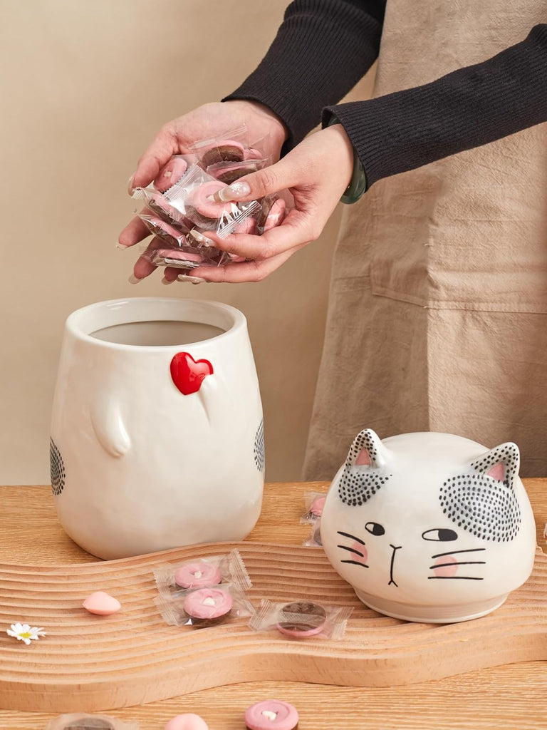 Cartoon Cat Handpainted Stoneware Air Tight White 10.2 inch Cookie Jar, Dishwasher Safe, for storing Cookie, Candy