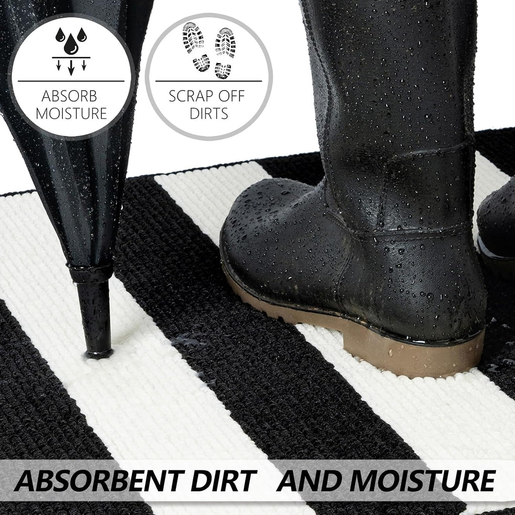 Black and White Outdoor Rug,32"x48" Front Porch Rug Absorbent Rubber Backed Non Slip Striped Rug Machine Washable