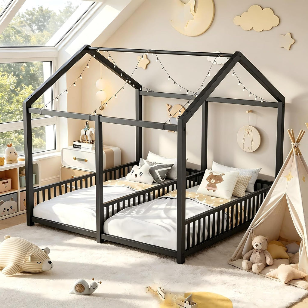 Twin Size Toddler Floor Bed,Double Bed Frames for Two Kids,Black | Montessori Floor Bed with Fence & Roof Design