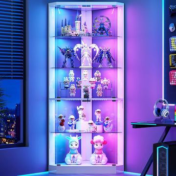 5-Tiers Corner Display Cabinet with RGB Light for Collectibles,White | 69" Tall Curio Cabinet Display Case with Lock