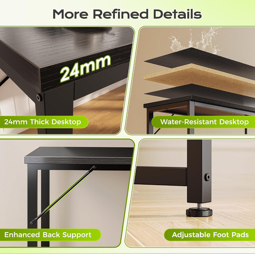 53" L Shaped Computer Desk, Power Outlets, Monitor Stand, Black | USB-C Ports, Reversible Charging Station, Spacious