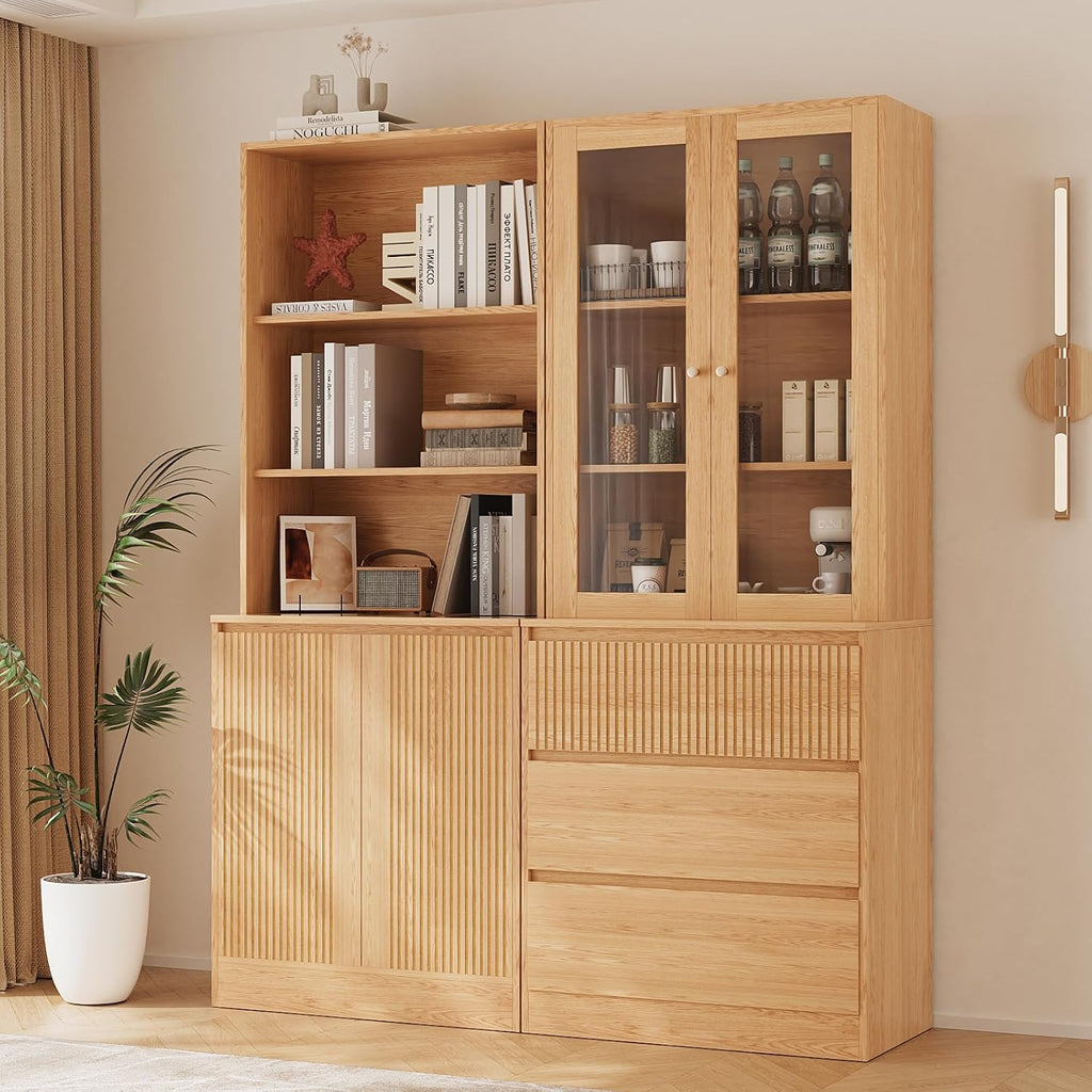 Tall Bookcase with Glass Doors and Drawers,71'' Wooden Bookshelf with Storage,Display Cabinet ,Set of 4 (DCCD)