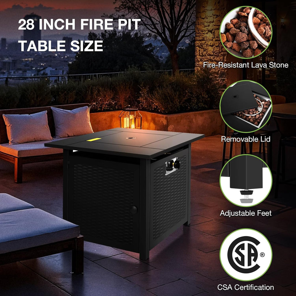 28 inch Fire Pit Table, 50000 BTU Patio Heater, 2 in 1 Outdoor Gas Fire Pit with Removable Lid & Lava Stone