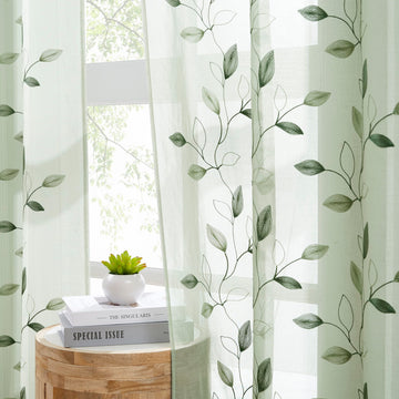 Embroidered Leaf Sheer Curtains, Sage Green 38" Wx84 Lx2