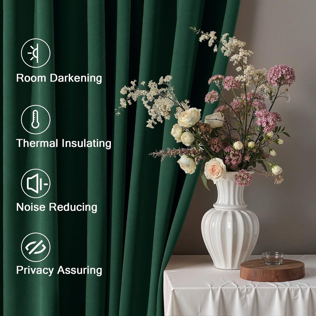120 inch Dark Green Velvet Extra Long Curtains with Back Tabs
