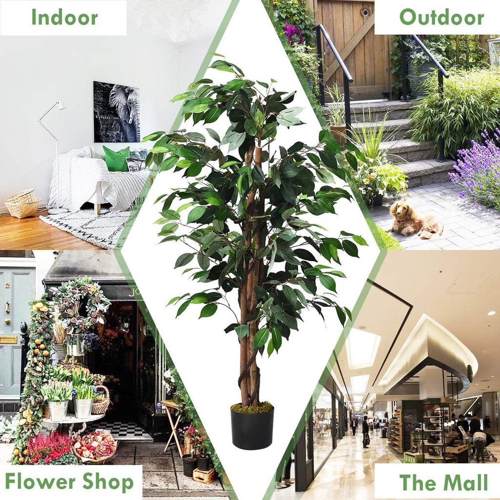4FT Artificial Ficus Silk Tree, Potted Fake Tree w/Green Leaves and Natural Trunk, Maintenance Free, Tall Faux Plant