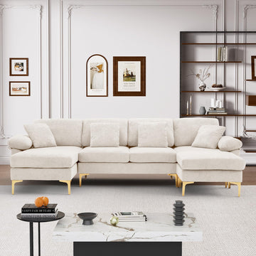 114" U-Shaped Velvet Sectional Couch with Ottoman, White