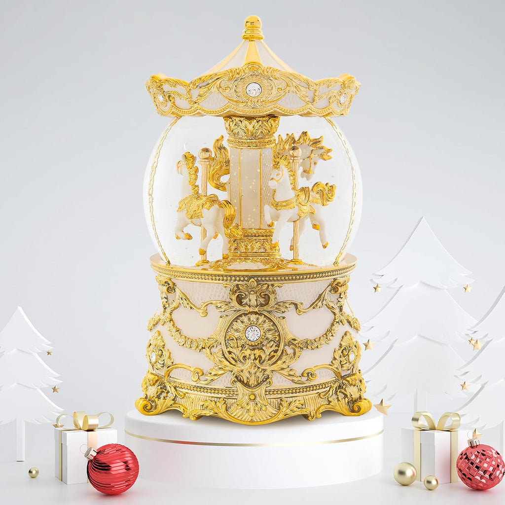 Carousel Music Box Gold & Ivory Christmas Snow Globes, 8.3" Rotate Carousel Snow Globe for Kids & Adults, Classic