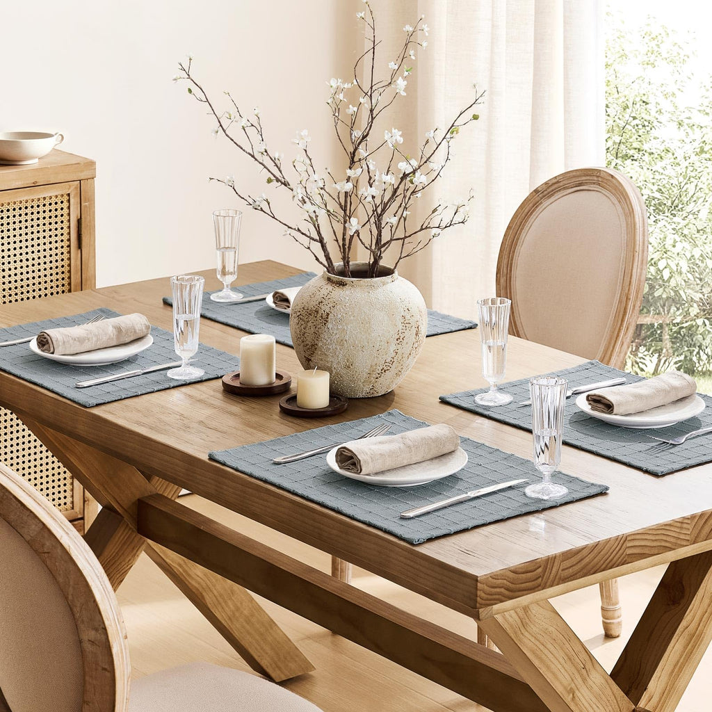 Artisanal Grid Decorative Linen Placemats Set of 4, Chambray