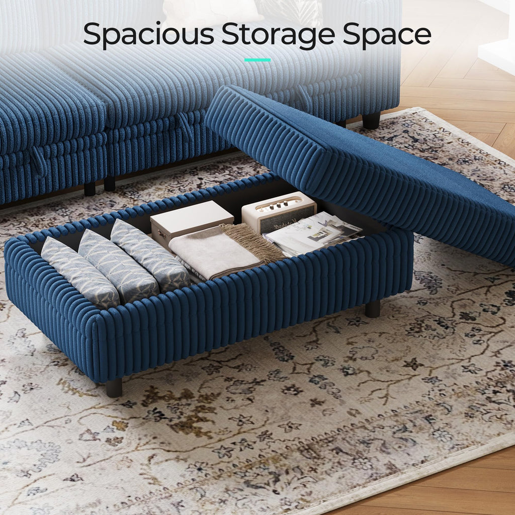 Storage Ottoman Bench, 40" Convertible Coffee Table Plush Corduroy Foot Rest Ottoman, Guest Room, Entryway, Blue