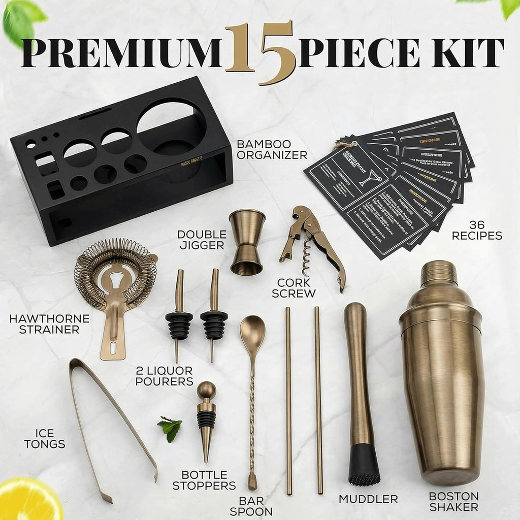 Brushed Brass Mixology Kit - Bar Tool Set, Silver Bar Set Cocktail Shaker Set for Drink Mixing - Includes - Set of 15