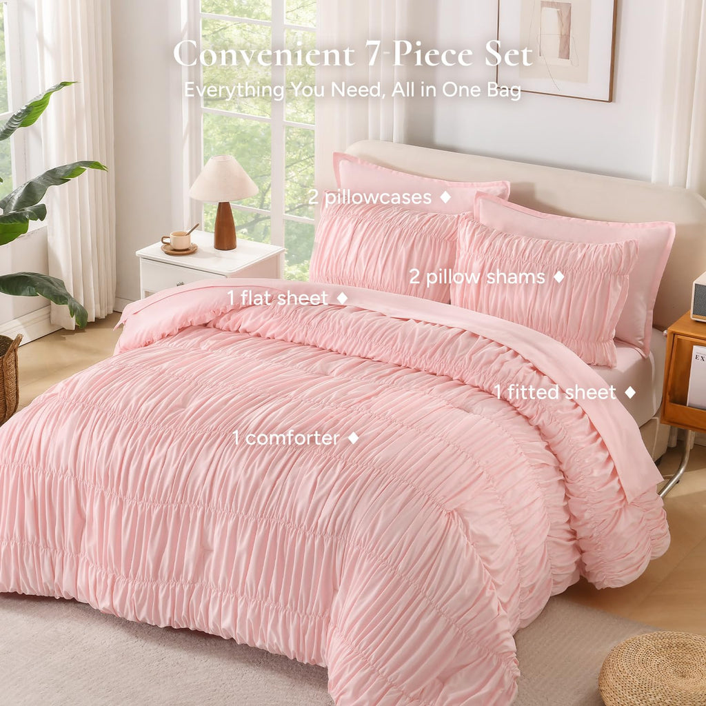 Ruched Pink Comforter Sets, 7 Pieces Ruffle Bed in a Bag