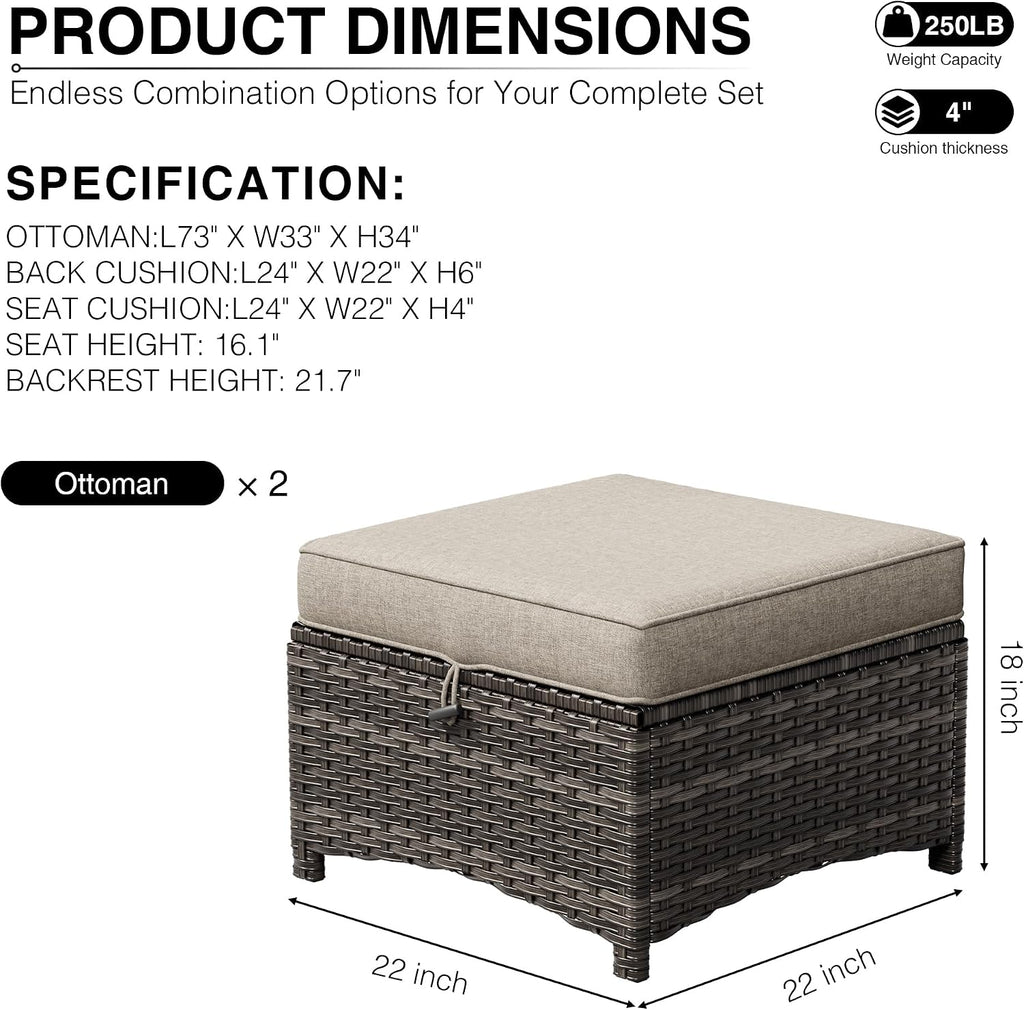 Outdoor Ottoman Set of 2, Patio Large Ottoman Foot Rest with Thickened Cushions, Outdoor Wicker Foot Stool for Porch