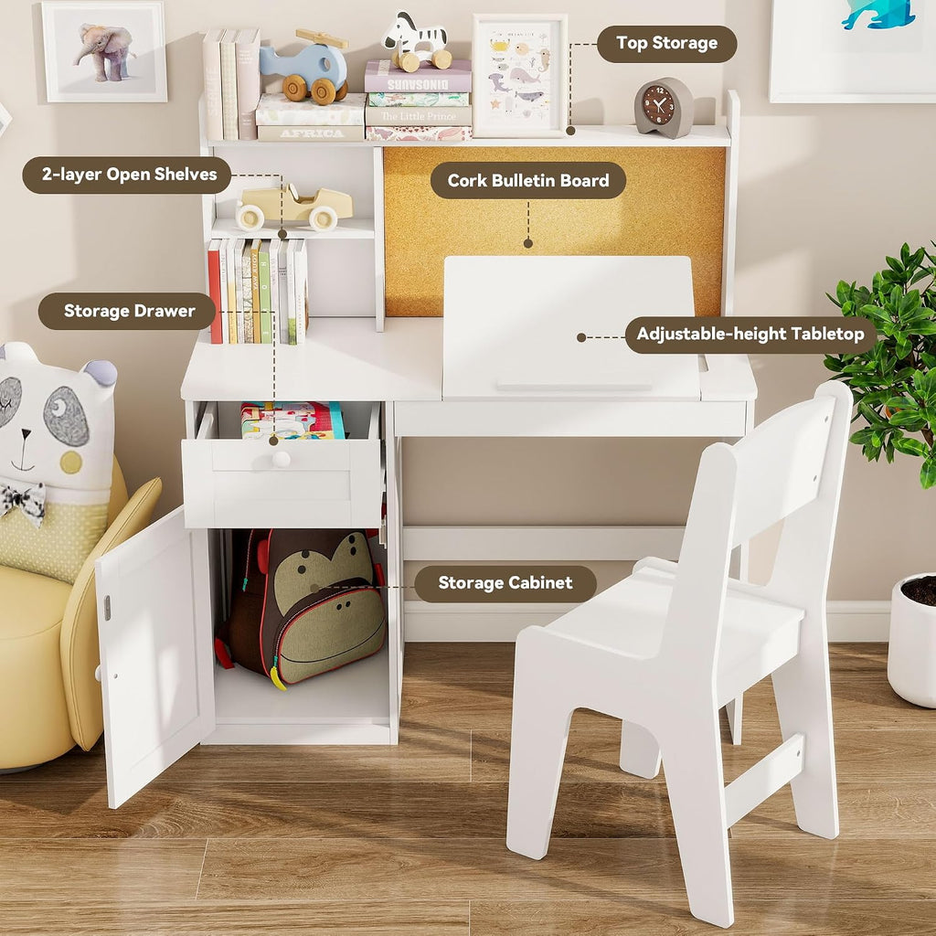 Kids Desk and Chair Set with 0-105° Tiltable Desktop for Ages 5-12, White