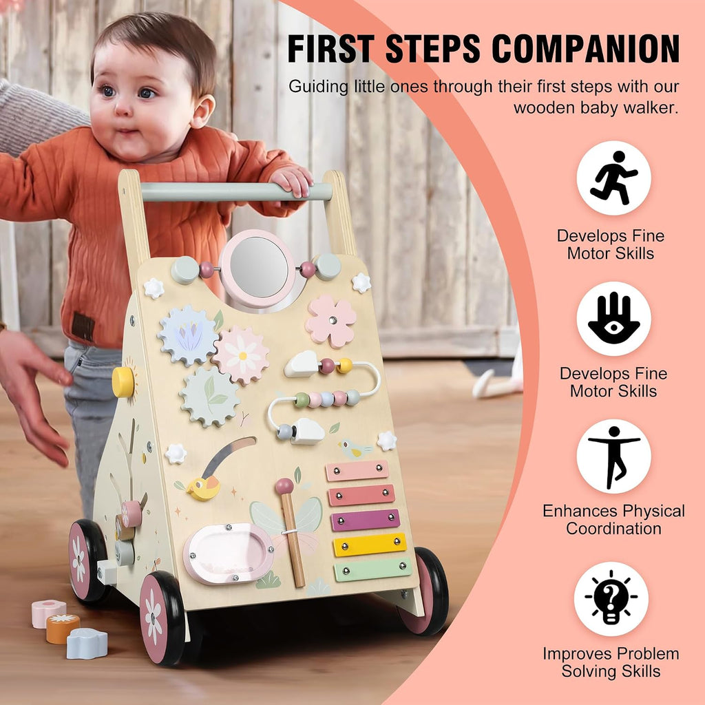 Wooden Baby Walker, Baby Push Walker, Push Walker Toys for Babies Learning to Walk & Sit-to-Stand, with Montessori