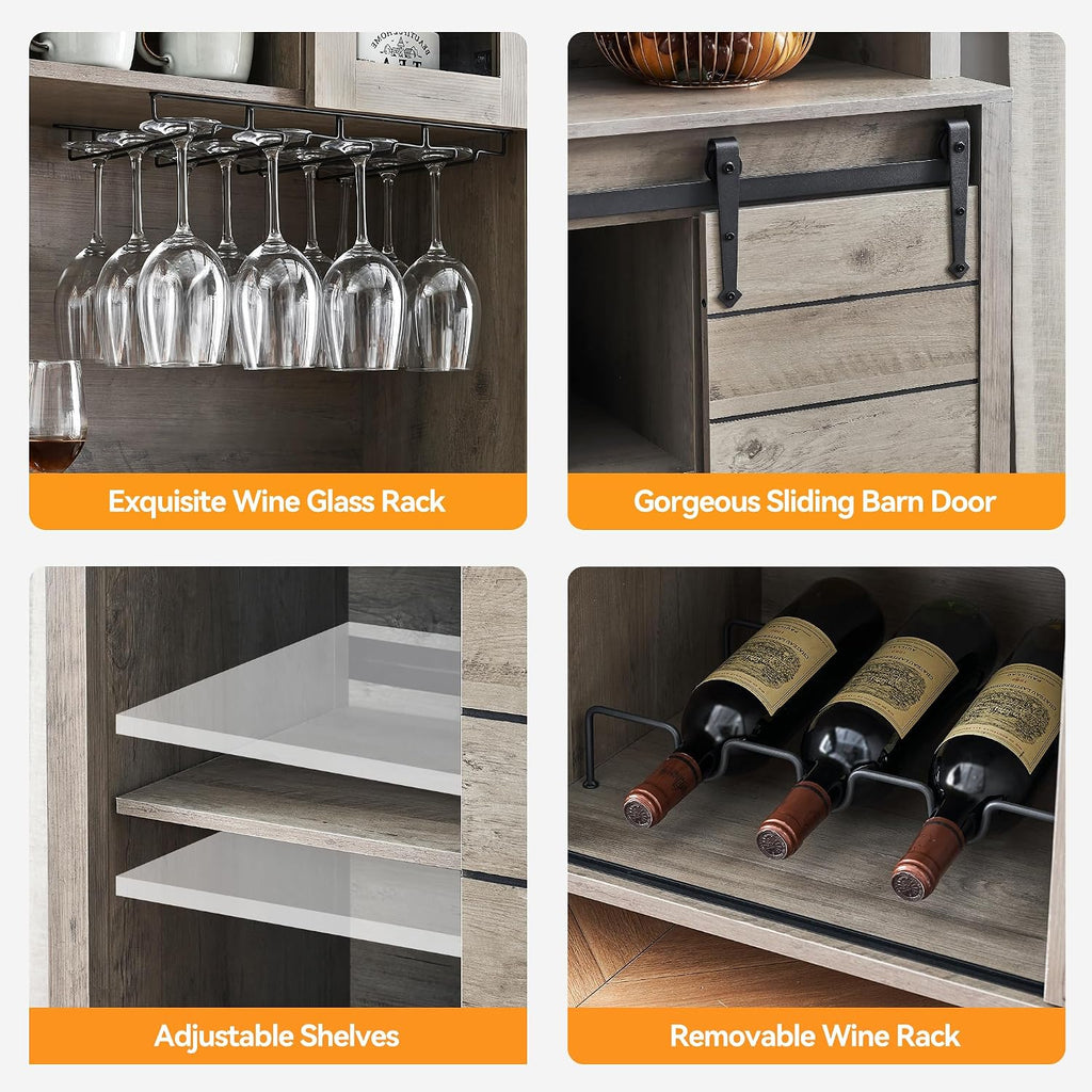 70 in Tall Farmhouse Coffee Bar Cabinet, Kitchen Hutch Storage with Sliding Barn Door, Kitchen Buffet with Wine Rack