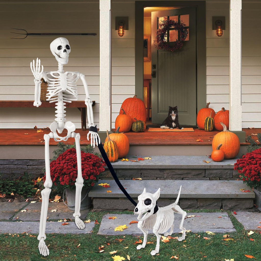FT Human Skeleton Halloween Decor with Dog Skeleton, Posable Skeletons Decoration with Movable Joints, Full Body - Set of 2
