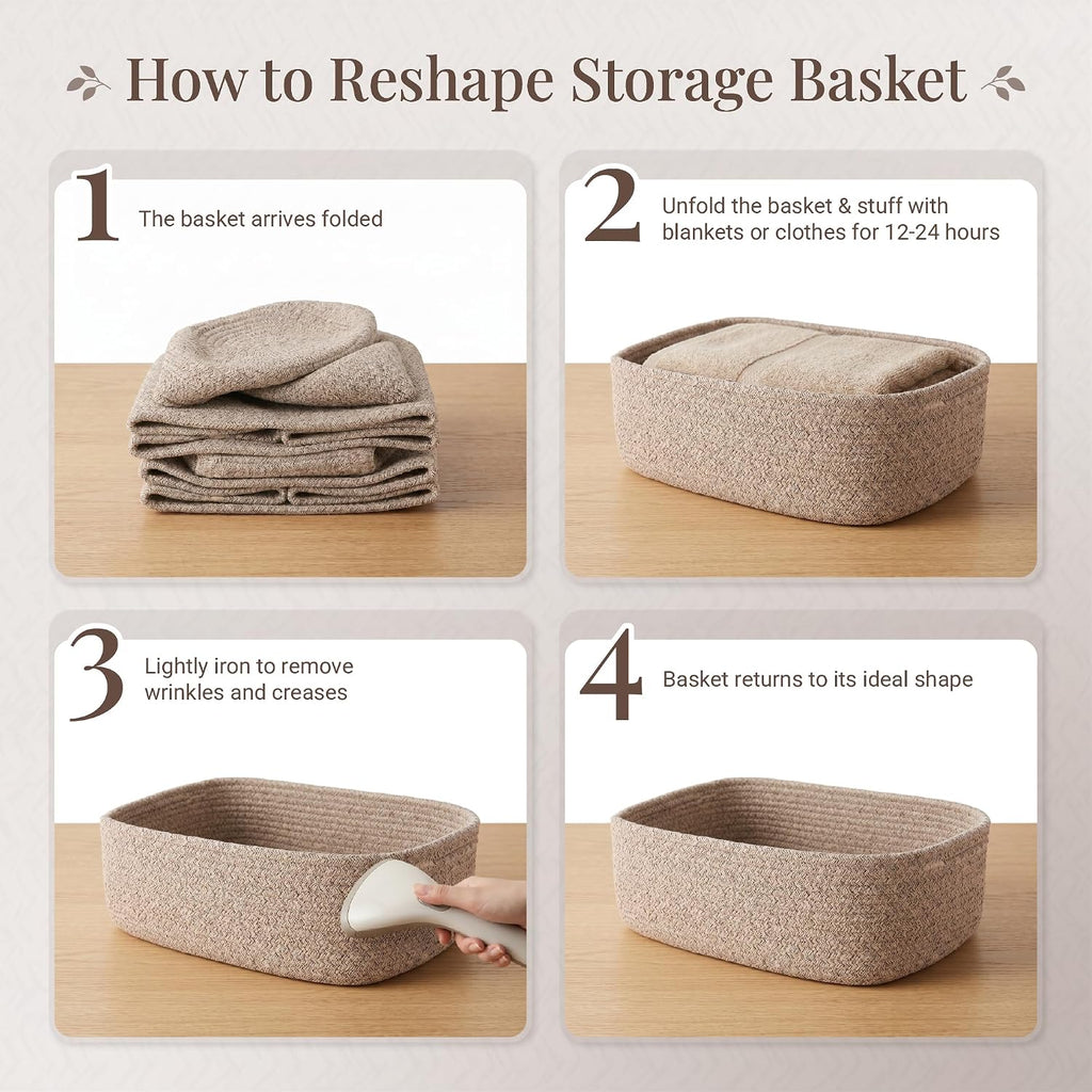 5-Pack Large Woven Rope Storage Baskets, 2 Sizes Organizer Bins | Fabric Cube Boxes and Rectangular Shallow Bins for